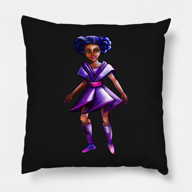 Anime girl with two puffs. Back lit 2. Black afro anime girl in purple from outer space ! beautiful  black girl with Braided hair, blue eyes, Cherry pink lips and dark brown skin. Hair love ! Pillow by Artonmytee