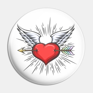 Heart with Wings pierced by Arrow Tattoo in retro style. Pin