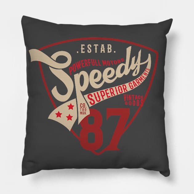 Speedy powerful motors badge 87 vintage Pillow by SpaceWiz95