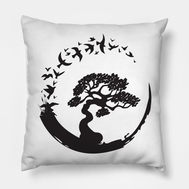 Bonsai Tree in Enso Circle Birds Tee Pillow by mstory