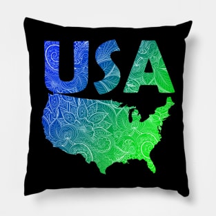 Colorful mandala art map of the United States of America with text in blue and green Pillow