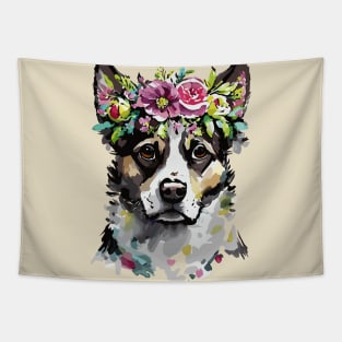 Mixed Breed Dog Floral Portrait Tapestry