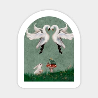 Fairytale Meeting A frog king and white rabbit meet in a spring meadow  with swans cottagecore watercolor Magnet