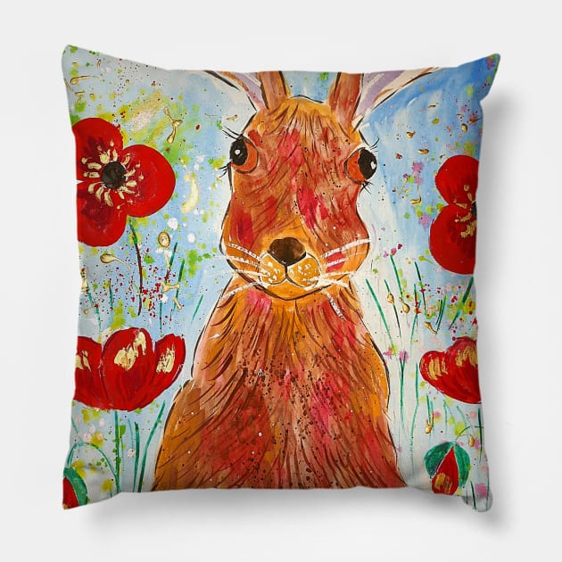 Hare among Poppies Pillow by Casimirasquirkyart