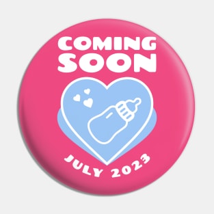 Coming soon. July 2023 birthday. Baby Announcement. Feeding Bottle Pin