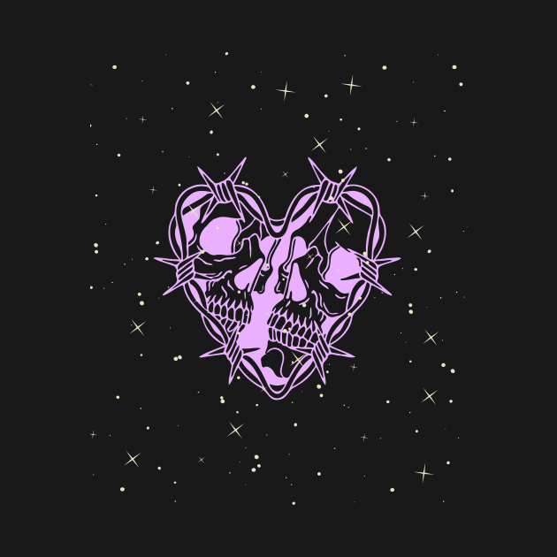 lilac kawaii heart shaped skull with barbed wire and stars by dreamingoutwest