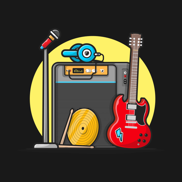 Music Instrument Concert Perform with Guitar, Microphone, Drum and Headphone Cartoon Vector Icon Illustration by Catalyst Labs
