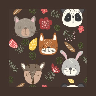 Woodland animals kids pattern brown background T-Shirt