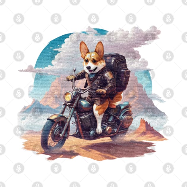 Corgi riding a motorcycle in the desert by JnS Merch Store