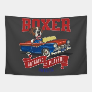 Funny boxer in a cute dog in classic vintage retro auto with red white and blue flags Tapestry