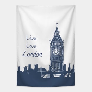 Live Love London Quote Big Ben Linocut Blue andWhite Tapestry