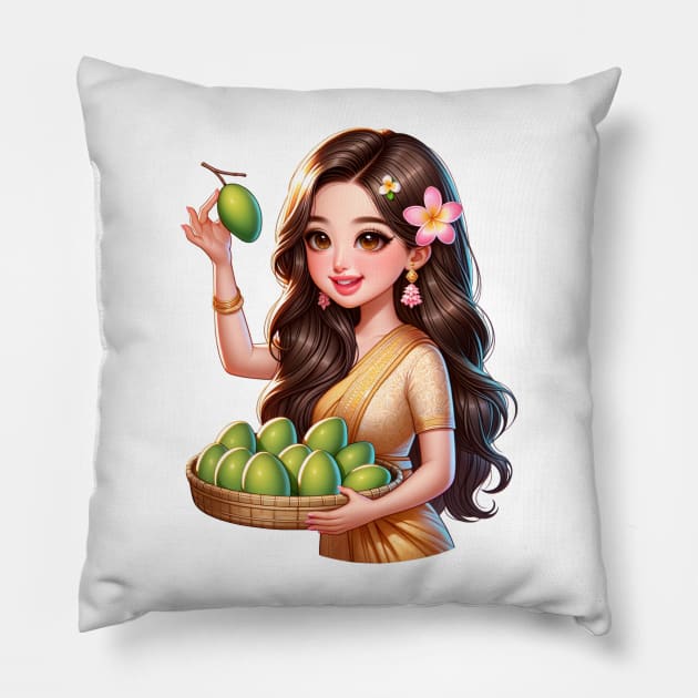 Khmer woman picking mangoes Pillow by KhmeRootz