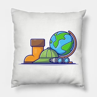 Boot Shoes with Hat, Binoculars and Globe World Cartoon Vector Icon Illustration Pillow