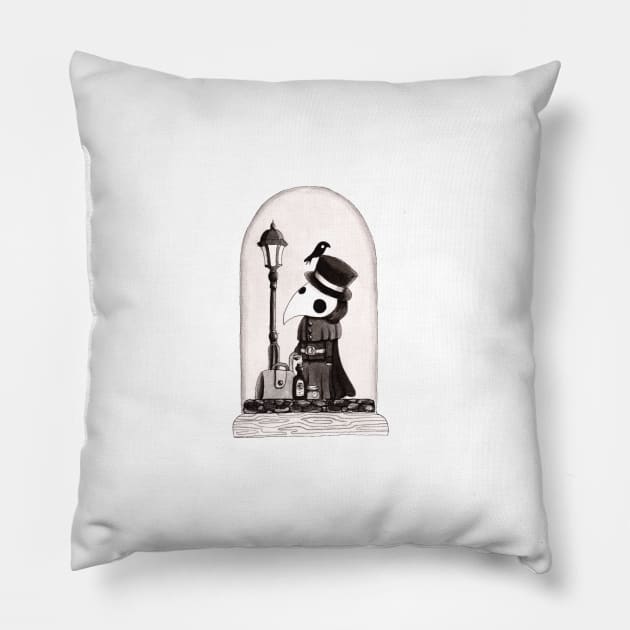 Plague Doctor in a Glass Bell Pillow by Marcies Art Place