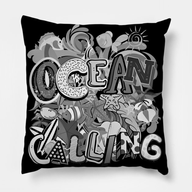 The Call of the Ocean ( Black and White) Pillow by Dreanpitch