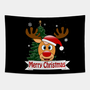 Funny reindeer with red nose - Merry Christmas Tapestry