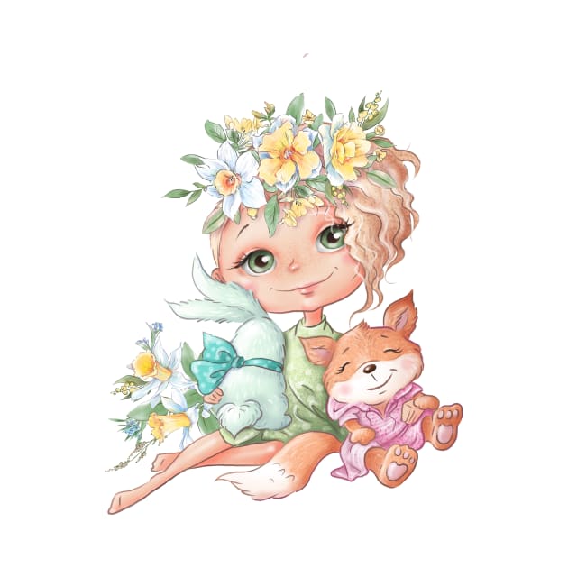 cute cartoon girl with rabbit chanterelle friends with spring flowers by TeresaBridgesqee