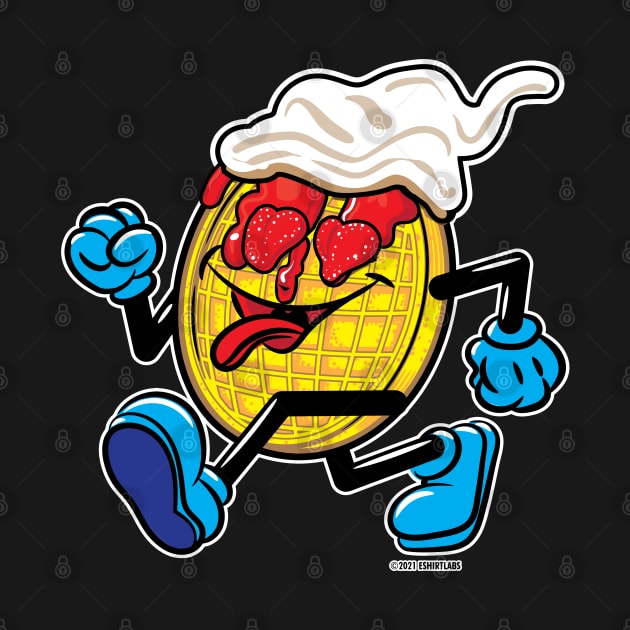 Happy Smiling Waffle Mascot strutting with Strawberries, strawberry syrup and whipped cream by eShirtLabs