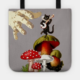 Cat playing music on mushrooms hippie 80s vintage retro Tote