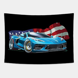 Blue C8 Corvette Fourth of July American Flag Supercar Racecar Muscle Car Sportscar July 4th Rapid Blue Corvette C8 Tapestry