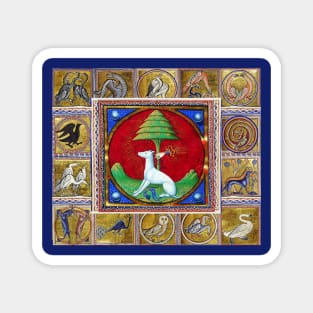 MEDIEVAL BESTIARY,WHITE DOG,HAND AND TREE, FANTASTIC ANIMALS IN GOLD RED BLUE COLORS Magnet