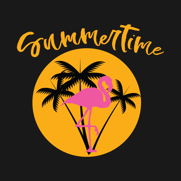 Summertime Flamingo with Palms and Sunset Tee Summer T-shirt for Men Women Kids by XOZ