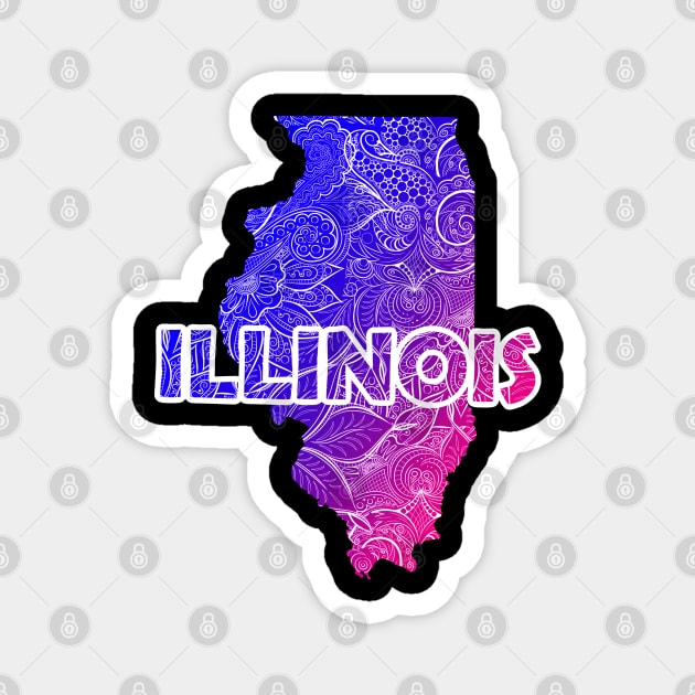 Colorful mandala art map of Illinois with text in blue and violet Magnet by Happy Citizen