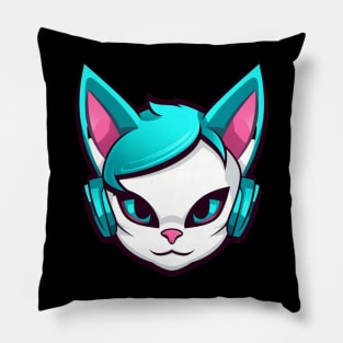 Cartoon Cat with Headphones Pillow