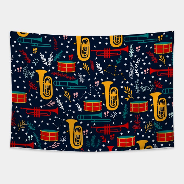 Cute Marching Band Pattern with brass instruments and drum instruments Tapestry by kapotka