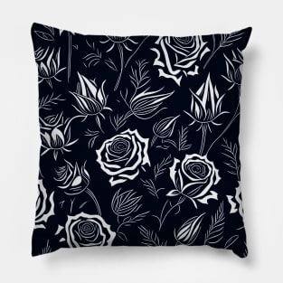 Floral Pattern Flowers Line Art Roses White and Black Pillow