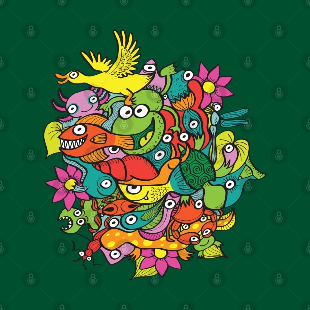 A funny crowd of colorful creatures living in a pond by zooco