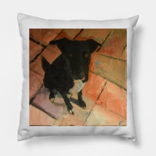 Black Dog On Tiled Floor Pillow