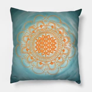 Flower of life mandala "Ocean" gold on turquoise Pillow