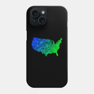 Colorful mandala art map of the United States of America in dark blue and green with cyan Phone Case