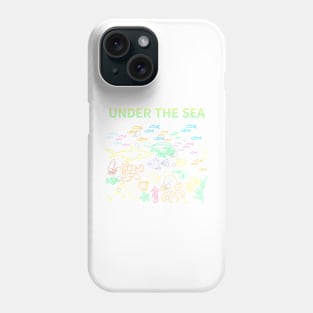 under the sea,blue sea,sea creatures,Turtle, puffer fish, starfish, shrimp, shark, tropical fish, sea horse, seaweed, sardines, squid, crabs, clams Phone Case