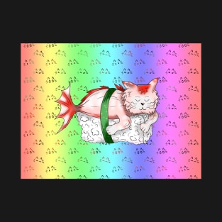 sushi cat on a pale rainbow background T-Shirt