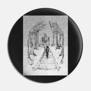 Wooden Railway , Pencil illustration railroad train tracks in woods, Black & White drawing Landscape Nature Surreal Scene Pin