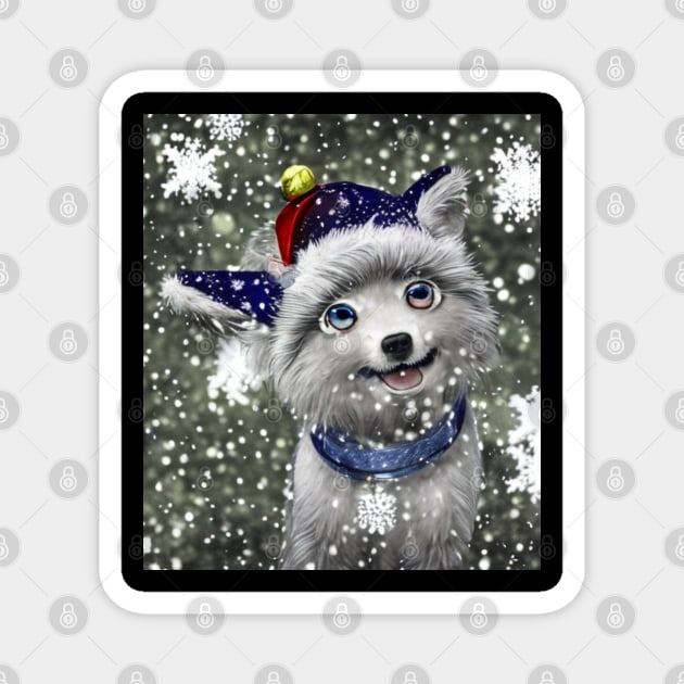 Cute fluffy anime dog with hat in snow Magnet by Stades