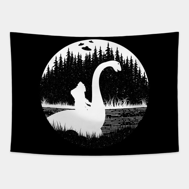 Bigfoot Riding Loch Ness Monster Tapestry by Tesszero