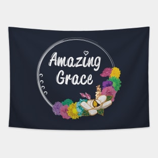 Amazing Grace Typography Colorful Floral Flower Circle Outline Spring Summer Tapestry