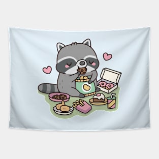 Cute Chubby Raccoon Loves Eating Junk Food Tapestry