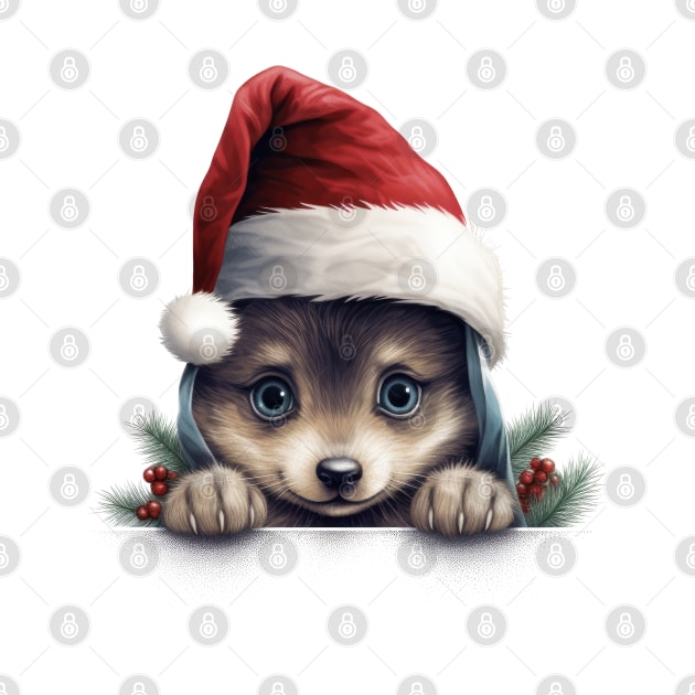 Christmas Peeking Baby Wolf by Chromatic Fusion Studio