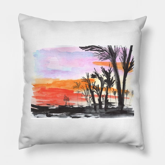 Watercolor background. Exotic landscape, palm trees and summer, art decoration, sketch. Illustration hand drawn modern Pillow by grafinya