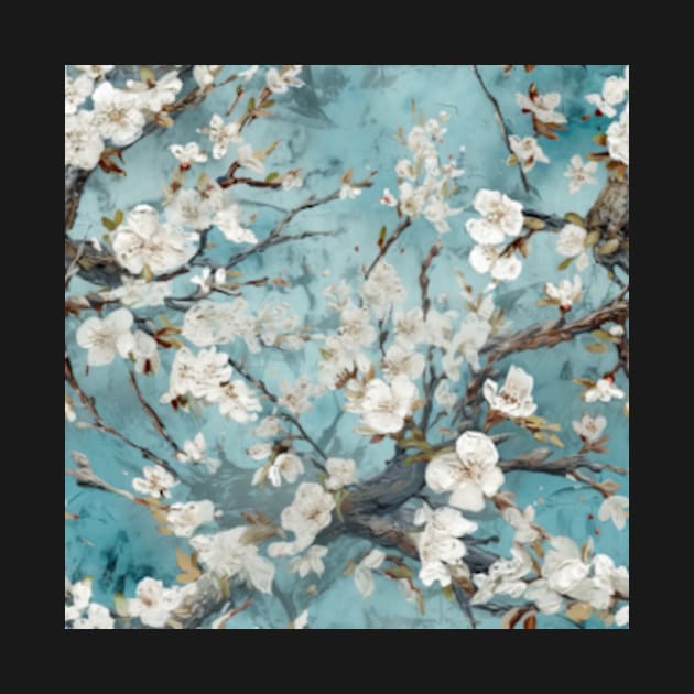 White blossom on Teal Blue Background by kansaikate