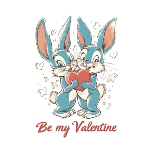 Be My Valentine: Classic Retro American Cartoon - Blue, Red, Cream Bunny Heart T-Shirt