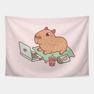 Cute Chilling Capybara With Laptop And Snacks Tapestry