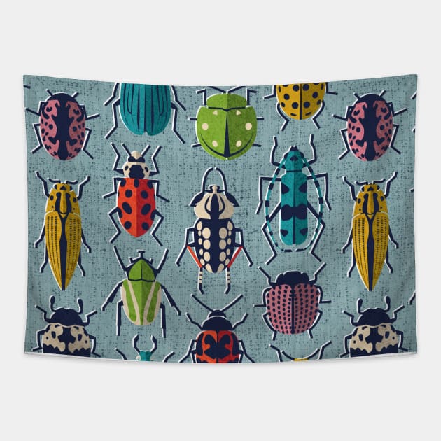 These don't bug me // pattern // duck egg blue background green yellow neon red orange pink blue and black and ivory retro paper cut beetles and insects Tapestry by SelmaCardoso