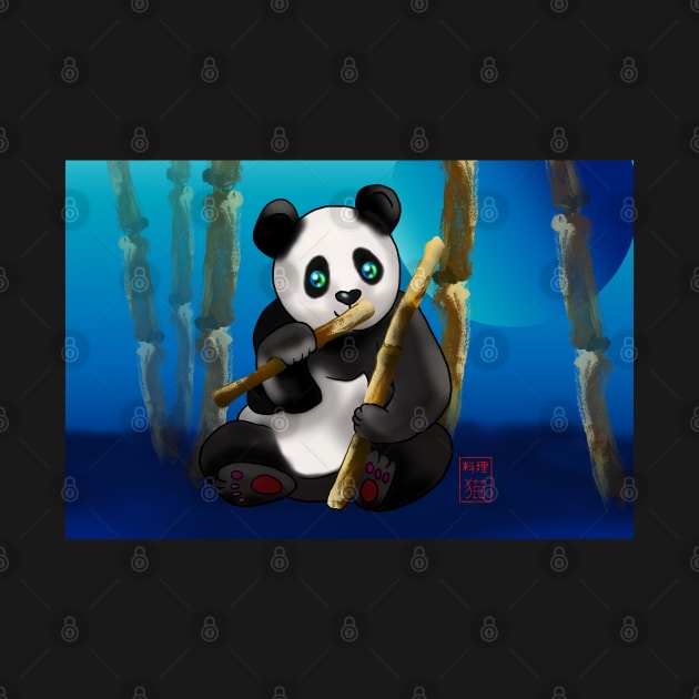 Adorably cute cartoon panda in a bamboo forest at night by cuisinecat