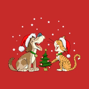 Dog and cat singing a Christmas song T-Shirt