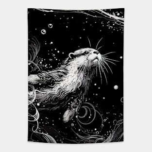 Monochromatic Abstract Outline Otter Swimming Underwater Tapestry